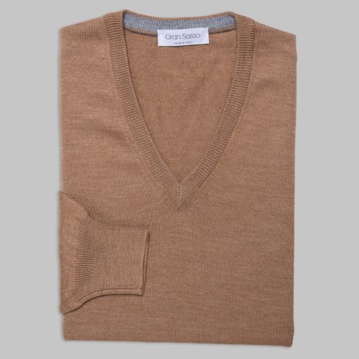 Gran Sasso - Slim fit wool V-neck sweater caramel