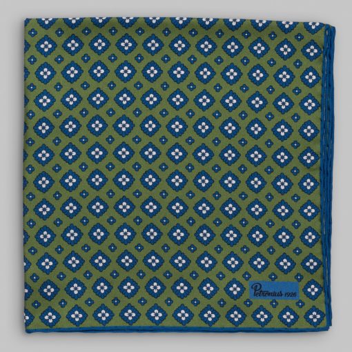 Petronius 1926 - Small flower motif pocket square green/blue/white