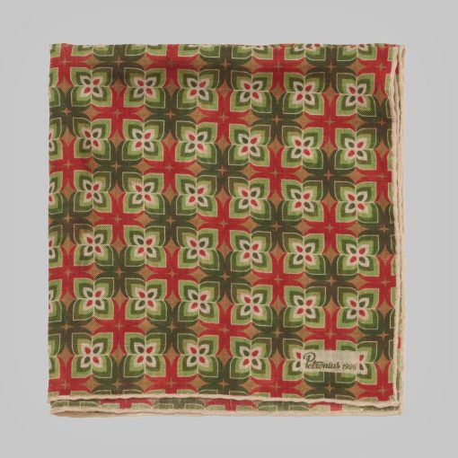 Petronius 1926 - Geometric flower pocket square green/red