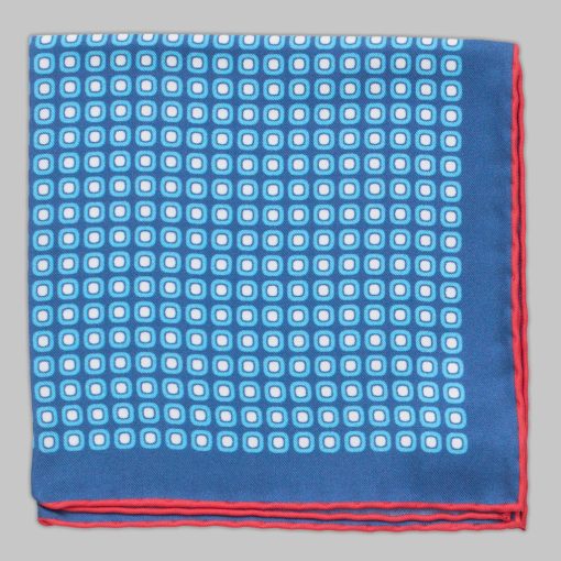 Petronius 1926 – Blue Pocket Square with Red Border and Geometric Pattern